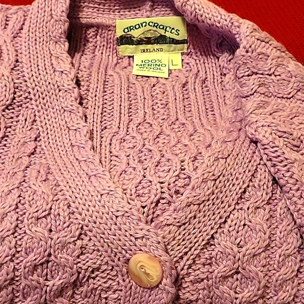 Aran crafts button up sweater. In lavender
